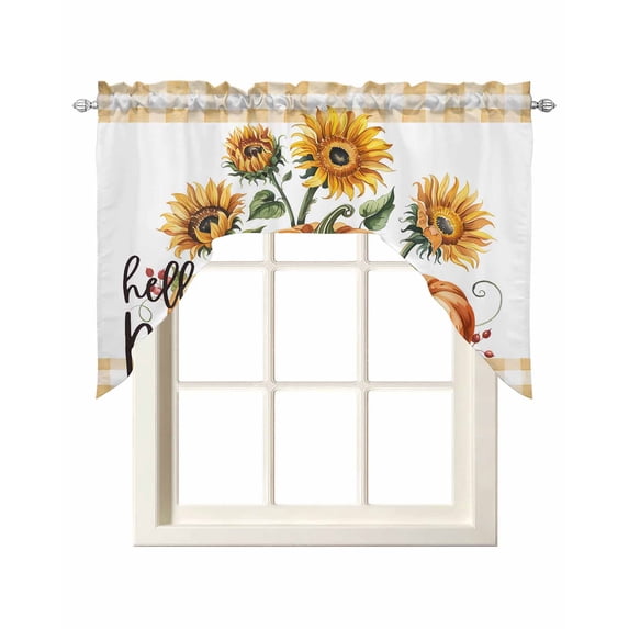 Yellow Sunflower Pumpkins Swag Valances for Windows, Small Curtains Drapes, Farmhouse Plaid Vintage Botanical Kitchen Window Curtains Over Sink Window Treatment Valance for Bedroom/Bathroom 56"x36"