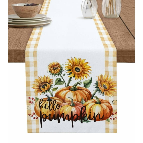 Yellow Sunflower Pumpkins Table Runner Farmhouse Plaid Botanical Tablerunners 14 x 72 Inch, Table Decorations Tabletop Scarf for Summer Gathering Holiday Farmhouse Kitchen Dining Decor
