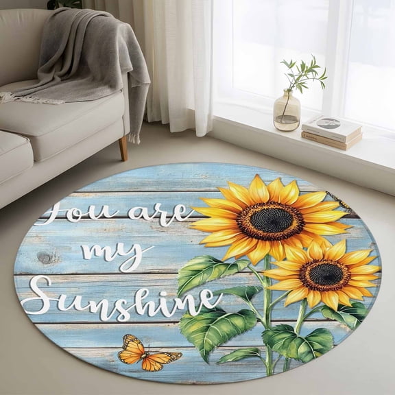 Yellow Sunflower Round Area Rug 4 FT, Non Slip Indoor Outdoor Rug, Butterfly Sunshine Blue Farmhouse Wood Washable Soft Circular Carpet Non-Shedding Floor Mat for Coffee Table Nursery Foyer Balcony