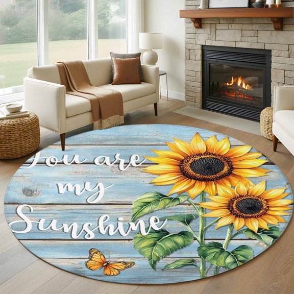 Yellow Sunflower Round Area Rug 6 FT,Non Slip Bedroom Area Rug,Butterfly Sunshine Blue Farmhouse Wood Washable Soft Circular Carpet Floor Mat for Kitchen Dining Room Home Office Kids Room