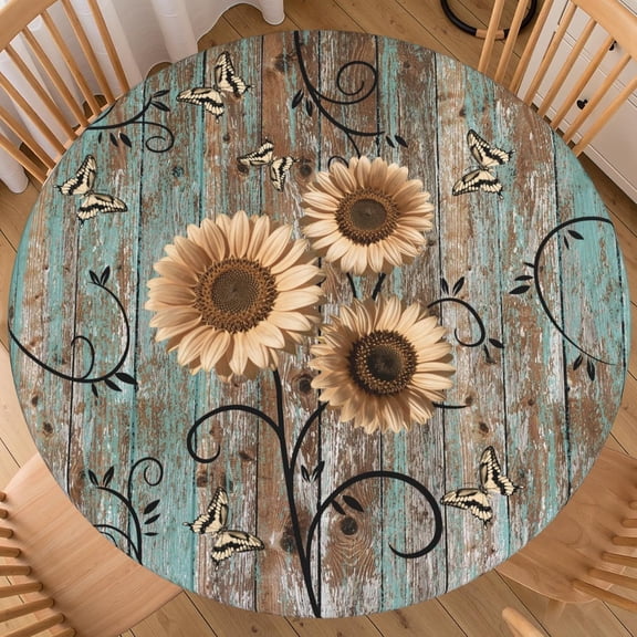 Yellow Sunflower Round Fitted Tablecloth with Elastic Edge 40-44 Inch Farmhouse Floral Table Cover Washable Shabby Chic Barnwood Spring Table Cloth for Kitchen Holiday Party Decor