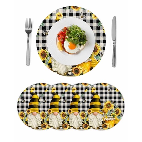Yellow Sunflower Round Placemats Set of 4 for Dinning Tables,Heat-proof Braided Table Mats 15 Inch,Spring Summer Bee Gnomes Black Plaid Washable Place Mat for Kitchen Restaurant Party Table Decor