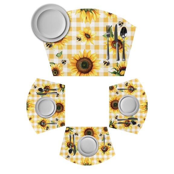 Yellow Sunflower Round Table Placemats Set of 2 Wedge Placemats, Vintage Country Bee Plaid Ginger Check Place Mats for Dining Table Set Washable Mats Kitchen Decor for Indoor Outdoor Wipe Clean