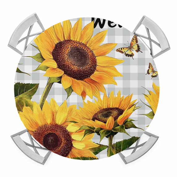 Yellow Sunflower Round Tablecloth for 55-60 Inch Tables,Fitted Table Cover with Elastic Edge,Butterfly Grey Buffalo Plaid Spring Waterproof Outdoor Table Cloth Protector for Patio Garden Dinner