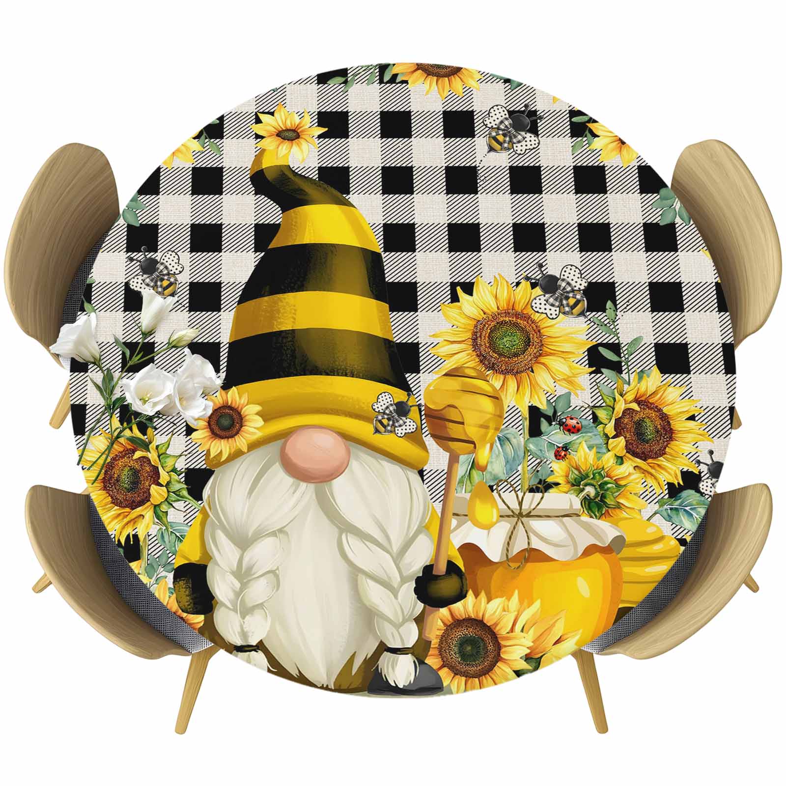 Tablecloth Yellow Insects Yellow Sunflower Round Tablecloth, Fitted Table Cover with Elastic for ...