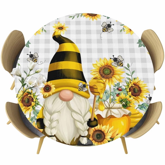 Yellow Sunflower Round Tablecloth, Fitted Table Cover with Elastic for 45"-54" Round Tables, Spring Summer Bee Gnomes Grey Plaid Table Cloth Outdoor Indoor Dinning Party Waterproof Tablecloths