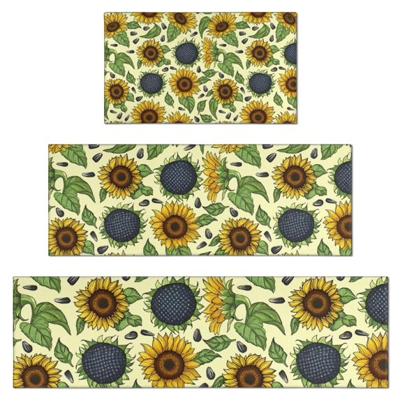 Yellow Sunflower Seed Leaf Pattern Kitchen Rugs Sets Of 3,Kitchen Runner Rugs Non Skid Washable,Decorative Kitchen Floor Mats for Kitchen,Sink,Laundry,17"x30"+ 17"x47" + 17"x59"