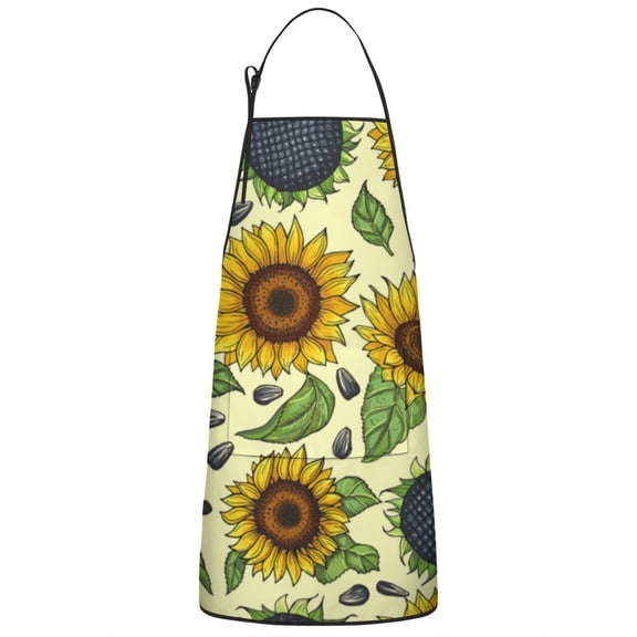 Yellow Sunflower Seed Pattern Apron-Garden Aprons for Women with Pockets-Cotton Linen Waterproof Kitchen Cooking Gardening Aprons Adjustable for Kitchen,Cooking,BBQ and Salon 33x27 Inch