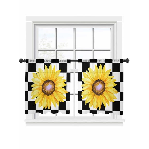 Yellow Sunflower Sheer Curtains 2 Panels Set Fall Plant Black White Lattice Element Sheer Window Curtains Light Filtering Rod Pocket Voile Drapes for Bedroom Living Room 52"x45"