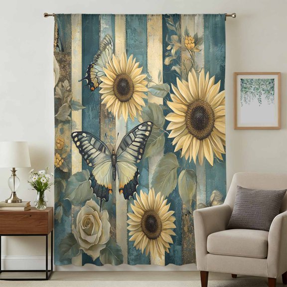 Yellow Sunflower Sheer Curtains 54 Inches Long, Butterfly Leaves Teal Striped Retro Light Filering Curtains, Breathable Simi Curtain Privacy Drapes for Kitchen Bathroom Small Window Treatment