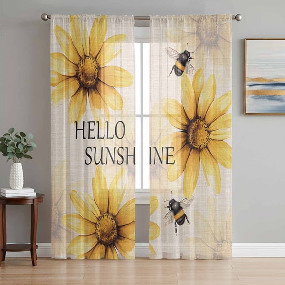 Yellow Sunflower Sheer Curtains 72 Inch Length 2 Panels Set, Bee Retro Simple Text Art Aesthetic Voile Window Treatment Rod Pocket Curtains Sheers Drapes for Bedroom/Living Room/Kitchen 52"x72"x2