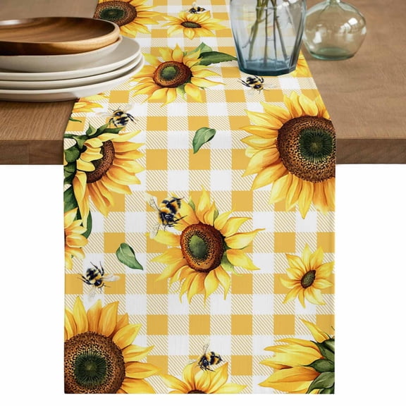 Yellow Sunflower Short Table Runner 48 Inches Long,Vintage Country Bee Plaid Ginger Check Cotton Linen Table Runners Dresser Scarves,Tabletop Scarf Furniture Cover for Home Dinner Party 13"x48"