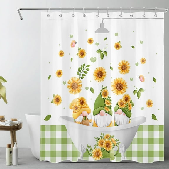 HVEST Spring Floral Gnome Shower Curtain, Sunflower and Green Gnome in the Bathtub Bathroom Curtain Modern Polyester Fabric Decor Curtain with Hooks, 60X72 inch