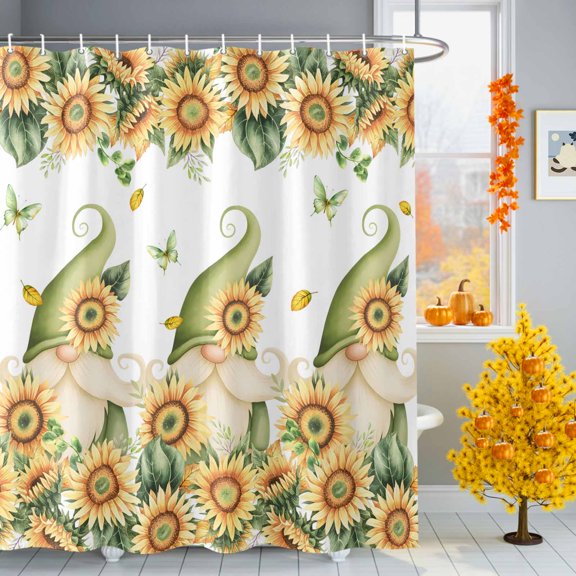 Yellow Sunflower Shower Curtains for Bathroom, Gnome Leaf Butterfly Pastoral Plant Waterproof Fabric Shower Curtain for Bathroom Bathtub Decoration, Machine Washable, 60"x72"