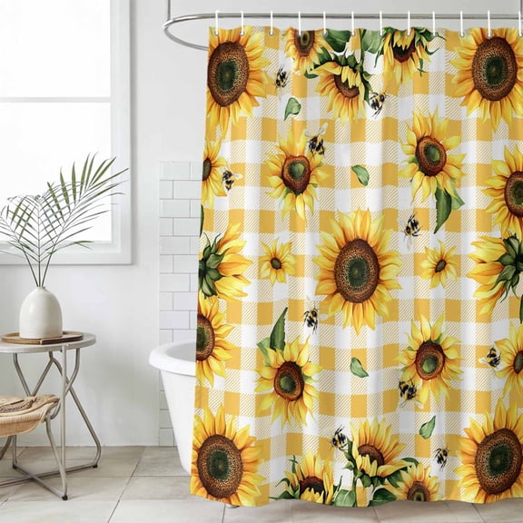 Yellow Sunflower Small Stall Shower Curtain, Waterproof Shower Curtains for Bathroom, Vintage Country Bee Plaid Ginger Check Washable Fabric Cloth Bath Curtain for Bathtub with Hooks 36x72 Inches