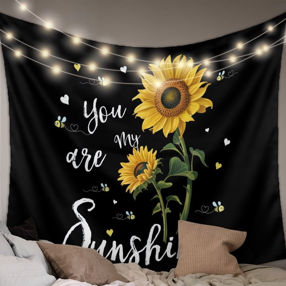 Yellow Sunflower Small Tapestry for Bedroom Wall Hanging Tapestry, Summer Flower Bee Sunshine Black Ceiling Backdrop Tapestries Poster Blanket Wall Decor for Teens Room Living Room Dorm 23" x 28"