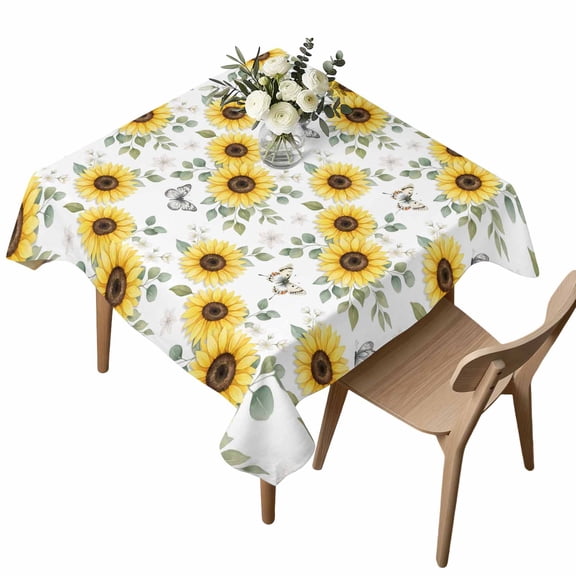 Yellow Sunflower Square Tablecloth Watercolor Butterflies Plant Farmhouse Rustic Country Waterproof Wrinkle Free Soft Table Cloth Spill-Proof Washable Table Cover for Dining Party Picnic 60 x 60 Inch