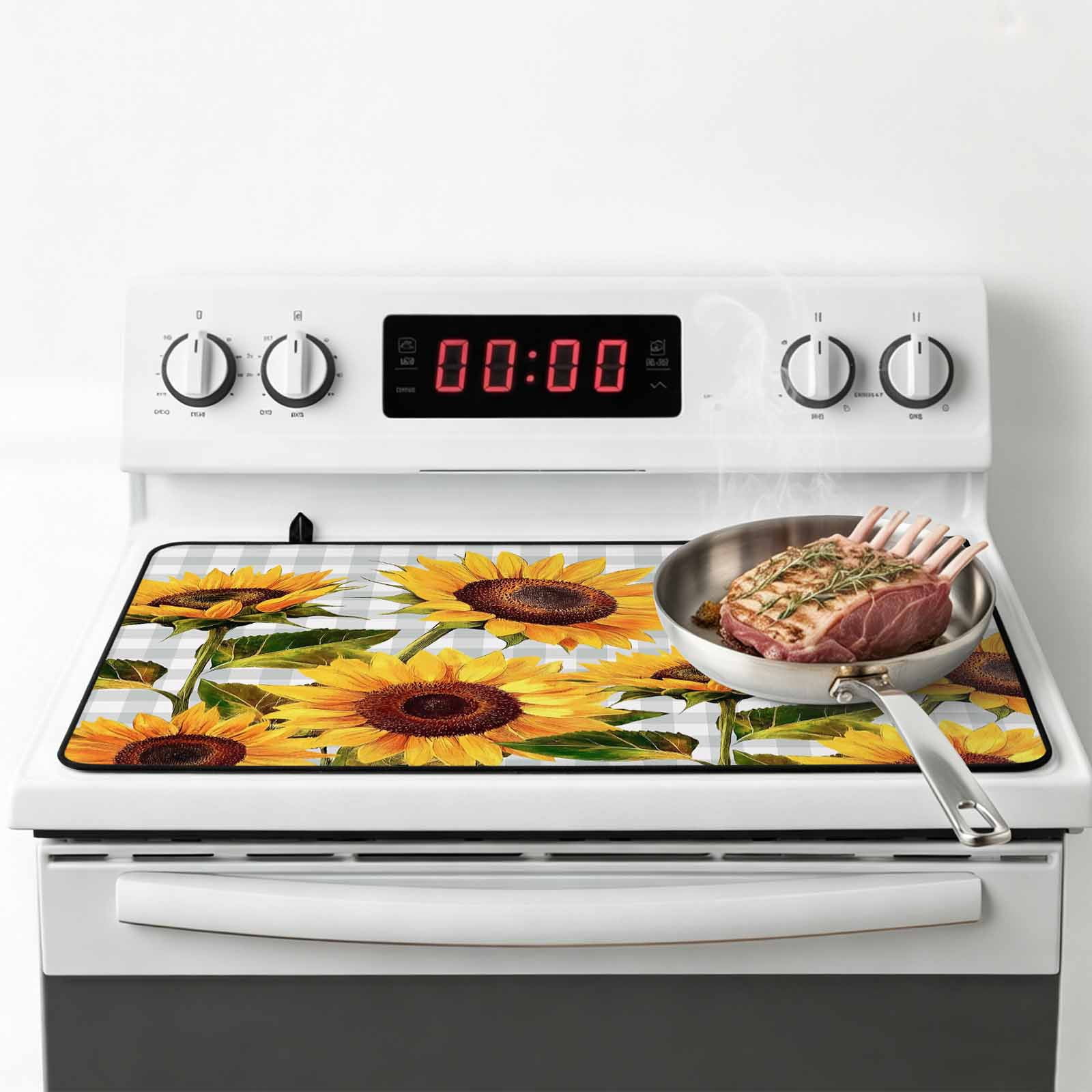 Yellow Sunflower Stove Top Cover for Electric Stove, Heat-proof & Non Slip Glass Top Stove Cover Protector, Butterfly Grey Buffalo Plaid Spring Kitchen Flat Cooktop Rubber Mat 24x21 Inches