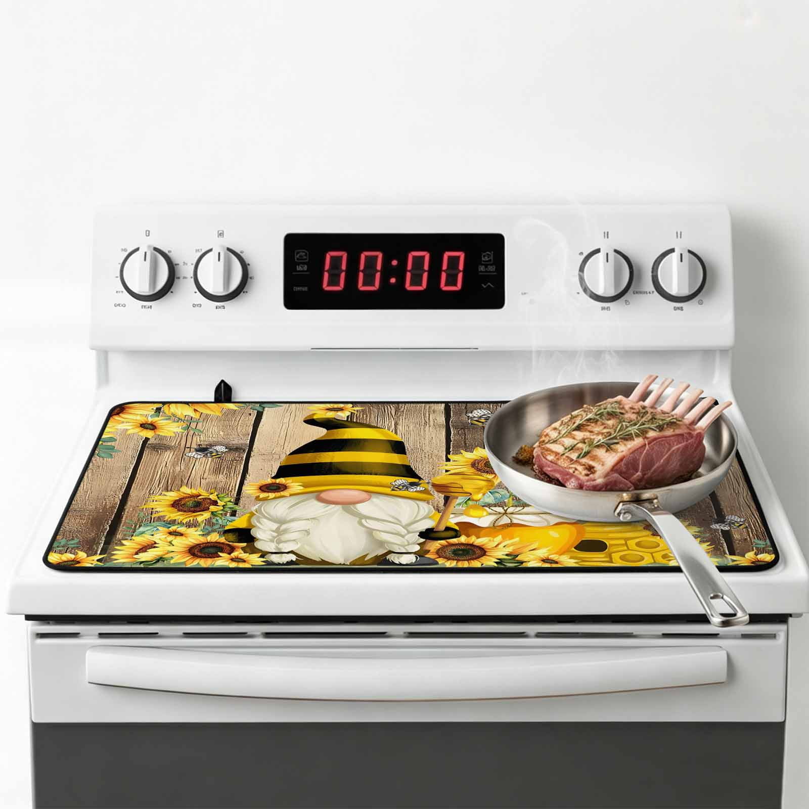 Yellow Sunflower Stove Top Cover for Electric Stove, Heat-proof & Non Slip Glass Top Stove Cover Protector, Farmhouse Wood Grain Bees Gnomes Kitchen Flat Cooktop Rubber Mat 36x21 Inches