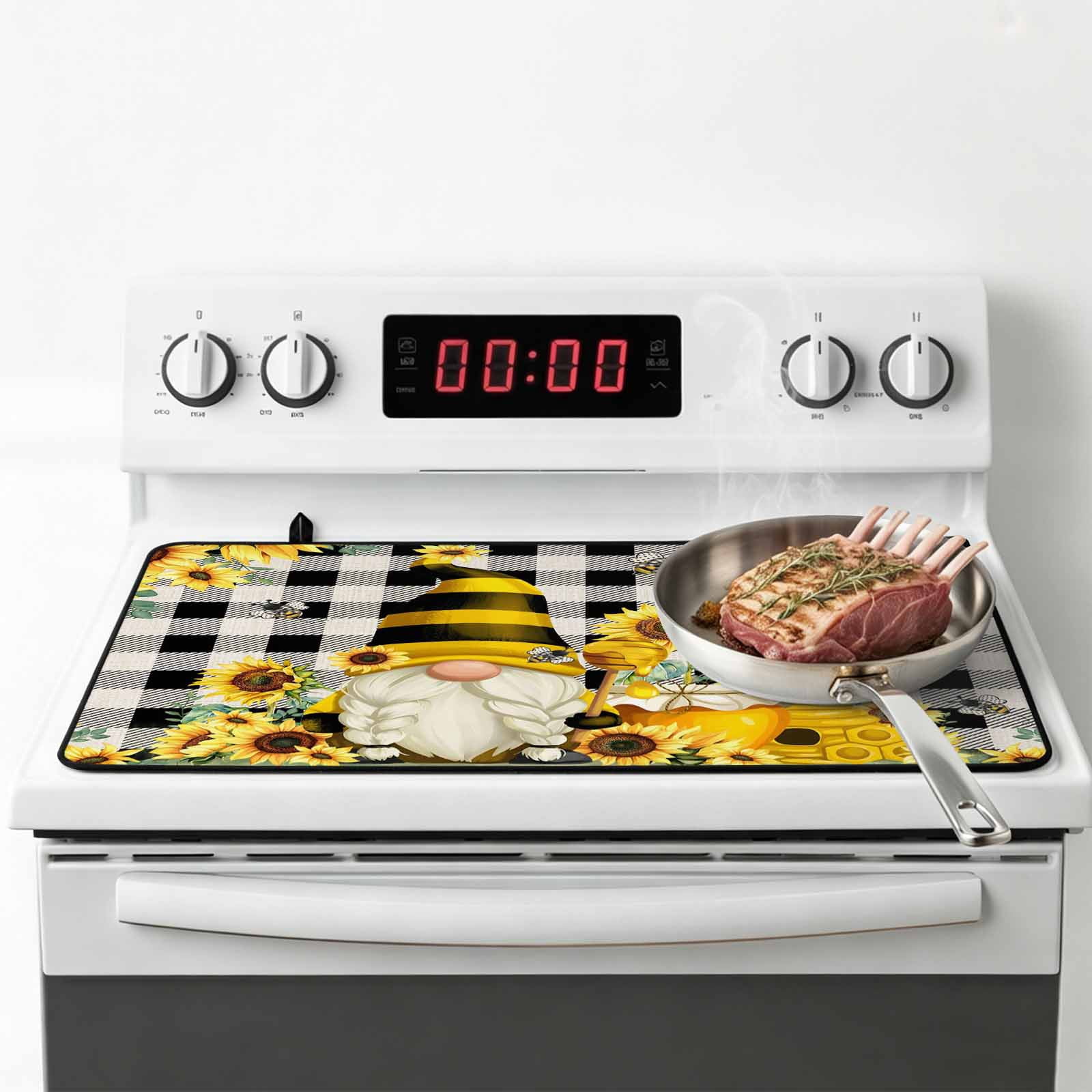 Yellow Sunflower Stove Top Cover for Electric Stove, Heat-proof & Non Slip Glass Top Stove Cover Protector, Spring Summer Bee Gnomes Black Plaid Kitchen Flat Cooktop Rubber Mat 28.5x20.5 Inches