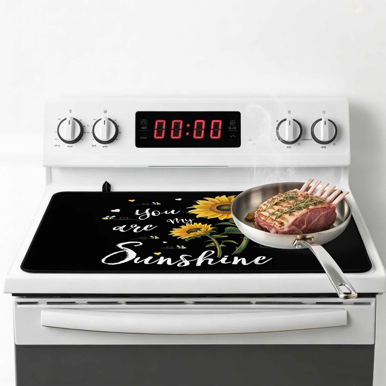 Yellow Sunflower Stove Top Cover for Electric Stove, Heat-proof & Non Slip Glass Top Stove Cover Protector, Summer Flower Bee Sunshine Black Kitchen Flat Cooktop Rubber Mat 31x24 Inches