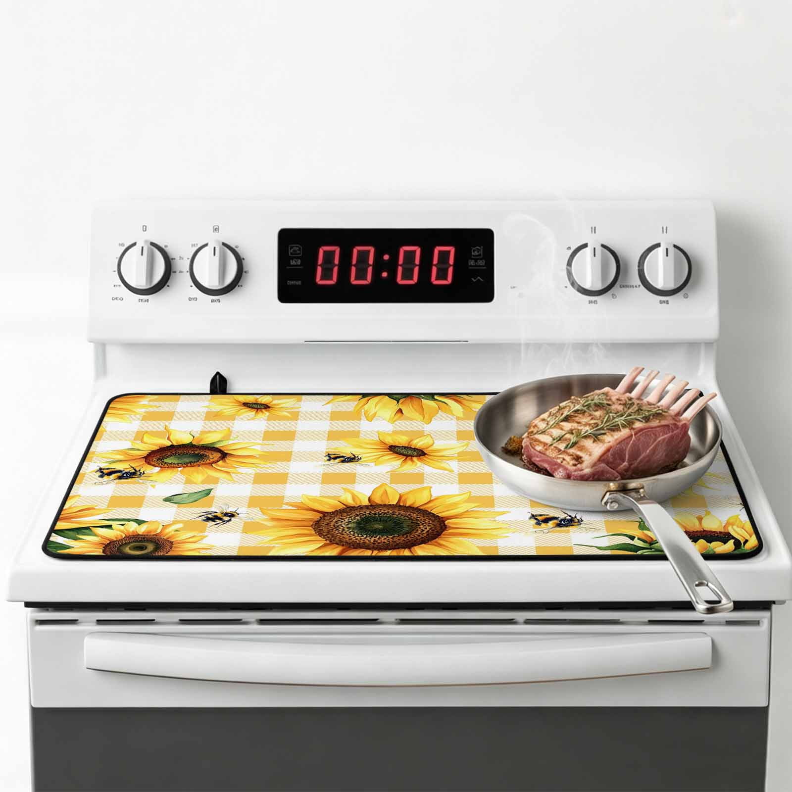 Yellow Sunflower Stove Top Cover for Electric Stove, Heat-proof & Non Slip Glass Top Stove Cover Protector, Vintage Country Bee Plaid Ginger Check Kitchen Flat Cooktop Rubber Mat 31x24 Inches