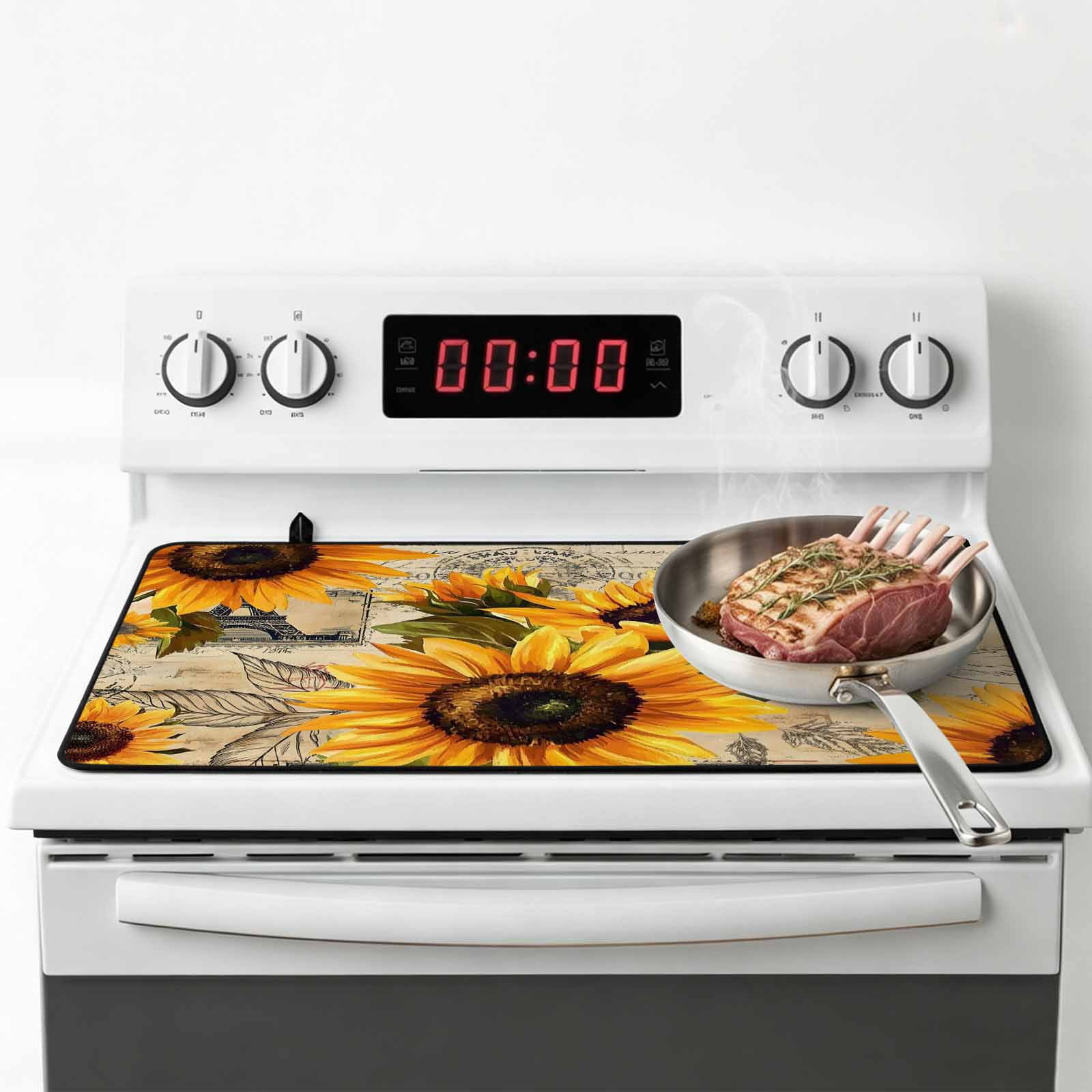 Yellow Sunflower Stove Top Cover for Electric Stove, Heat-proof & Non Slip Glass Top Stove Cover Protector, Watercolor Retro Floral Plant Leaf Kitchen Flat Cooktop Rubber Mat 24x21 Inches