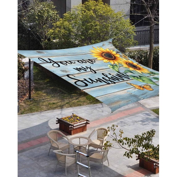 Yellow Sunflower Sun Shade Sail 12'x16' Rectangle Outdoor Shade Canopy, Butterfly Sunshine Blue Farmhouse Wood Porch Shades Outdoor Sun Blocking Screen, Sunshade Cloth Covers for Patio/Deck/Garden