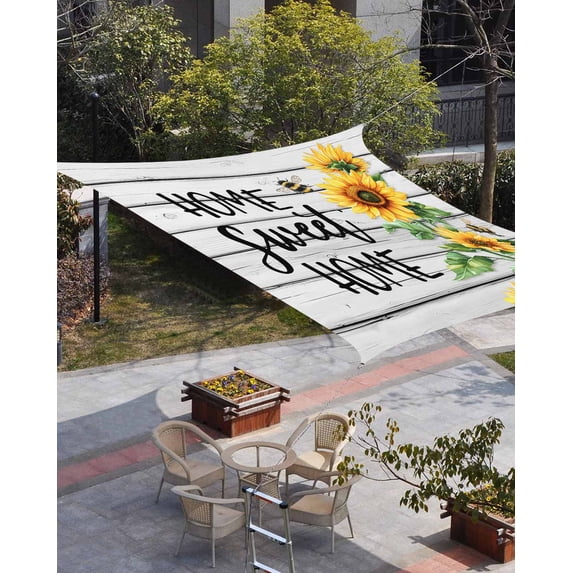 Yellow Sunflower Sun Shade Sail 14'x18' Rectangle Outdoor Shade Canopy, Bee Wooden Grain Country Farmhouse Porch Shades Outdoor Sun Blocking Screen, Sunshade Cloth Covers for Patio/Deck/Garden