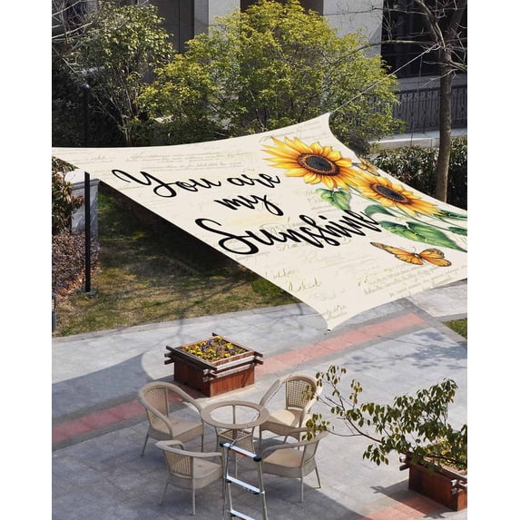 Yellow Sunflower Sun Shade Sail 8'x10' Rectangle Outdoor Shade Canopy, Vintage Butterfly Sunshine Farmhouse Porch Shades Outdoor Sun Blocking Screen, Sunshade Cloth Covers for Patio/Deck/Garden