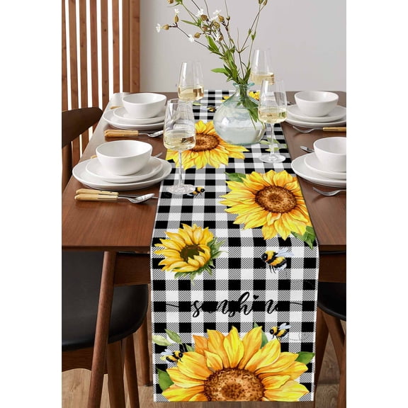 Yellow Sunflower Sunshine Black White Checker Table Runner 13x36in Non-Slip Cotton Linen Table Runners, Watercolor Floral Bee Dresser Scarves TableRunner for Dinner Kitchen Dining Wedding Party
