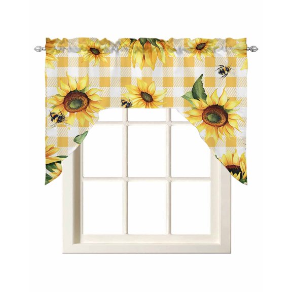 Yellow Sunflower Swag Curtains for Kitchen Vintage Country Bee Plaid Ginger Check Valances for Windows Rod Pocket Small Window Treatment Topper for Cafe Bedroom Bathroom Living Room Decor 56x36 Inch