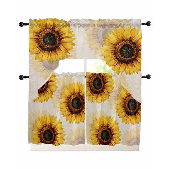 Yellow Sunflower Swag Curtains for Living Room/Bedroom Windows, Beige Modern Art Botanical Floral Kitchen Curtains and Valances Set 36 Inch Length, Light Filtering Swags Valance Curtain Panels