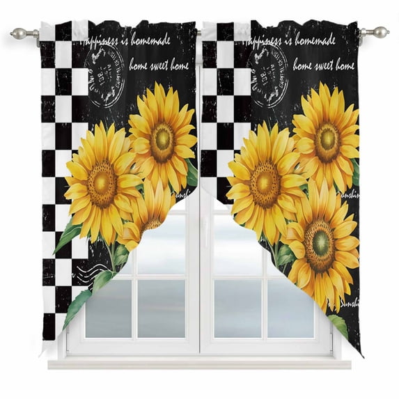 Yellow Sunflower Swag Valances for Windows 2 Pack, Kitchen Window Curtains 36 Inch Length, Black White Plaid Watercolor Floral Privacy Swag Curtains for Living Room/Bathroom with Rod Pocket 36"x36"