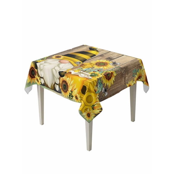 Yellow Sunflower Table Cloth, Farmhouse Wood Grain Bees Gnomes Waterproof Tablecloth for Square Tables, Reusable Washable Fabric Table Cover for Restaurant Kitchen Dining Tables 60"x60"