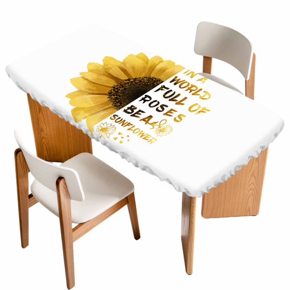 Yellow Sunflower Table Cloths for 4 Foot Rectangle Tables, Floral Rustic White Quotes Patio Waterproof Elastic Fitted Tablecloths, Washable Rectangular Table Cover for Camping