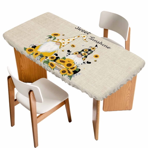 Yellow Sunflower Table Cloths for 4 Foot Rectangle Tables, Gnomes Elegant Pastoral Vintage Art Rustic Patio Waterproof Elastic Fitted Tablecloths, Washable Rectangular Table Cover for Camping
