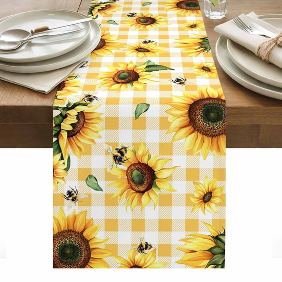 Yellow Sunflower Table Runner - 36 Inch Long, Kitchen Dining Table Runner Dresser Scarves, Vintage Country Bee Plaid Ginger Check Farmhouse Decor for Coffee Tables Wedding Party Banquet