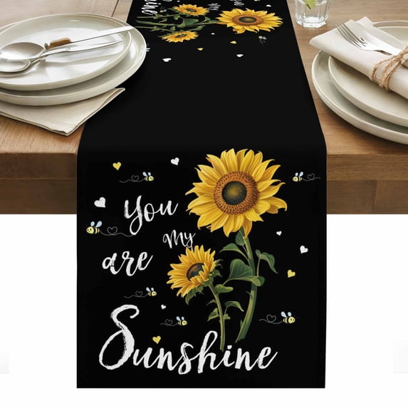 Yellow Sunflower Table Runner - 70 Inch Long, Kitchen Dining Table Runner Dresser Scarves, Summer Flower Bee Sunshine Black Farmhouse Decor for Coffee Tables Wedding Party Banquet