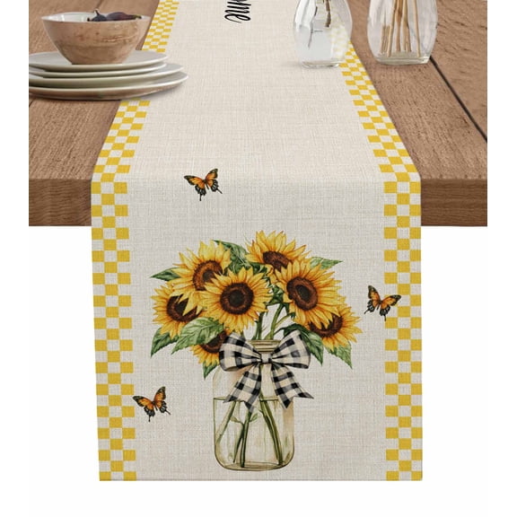 Yellow Sunflower Table Runner Cotton Linen 36 Inch Holiday Dresser Scarves,Butterfly Plaid Bow Retro Beige Farm Tablerunner for Kitchen Coffee Dining Bedroom Living Room Dinner Scarf Décor 13''x36''