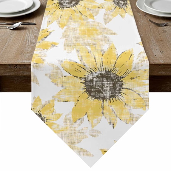 Yellow Sunflower Table Runner Linen Burlap Table Runner 72 Inches Long Spring Summer Floral Botanical Retro Dresser Scarves for Kitchen Island Coffee Dining Party Wedding Holiday Decor 14"x72"