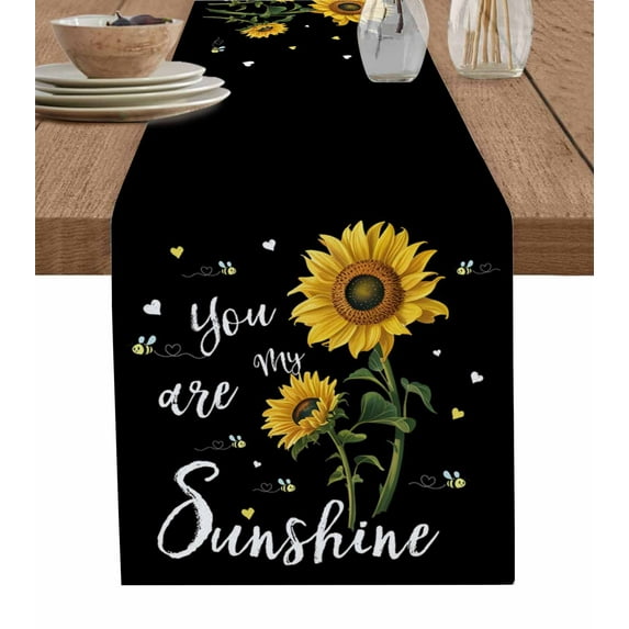 Yellow Sunflower Table Runner Summer Flower Bee Sunshine Black Tablerunners 13 x 90 Inch, Table Decorations Tabletop Scarf for Summer Gathering Holiday Farmhouse Kitchen Dining Decor