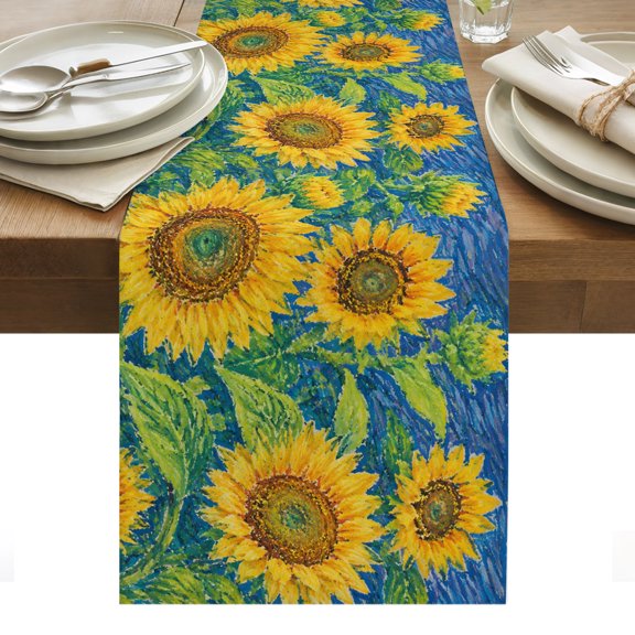 Yellow Sunflower Table Runner, Summer Golden Petals Rustic Floral Oil Painting Style Washable Kitchen Table Runners for Dining Table Decorations Party/Restaurant/Indoor Outdoor Use, 13x36in