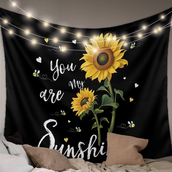 Yellow Sunflower Tapestry for Bedroom Wall Hanging Tapestry, Summer Flower Bee Sunshine Black Ceiling Backdrop Tapestries Poster Blanket Wall Decor for Teens Room Living Room Dorm 39" x 59"