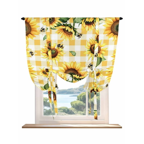 Yellow Sunflower Tie Up Curtains for Windows 45 Inch Length Balloon Curtains Kitchen Adjustable Balloon Window Shade Vintage Country Bee Plaid Ginger Check Tie Up Bathroom Curtain Window 52"x45"