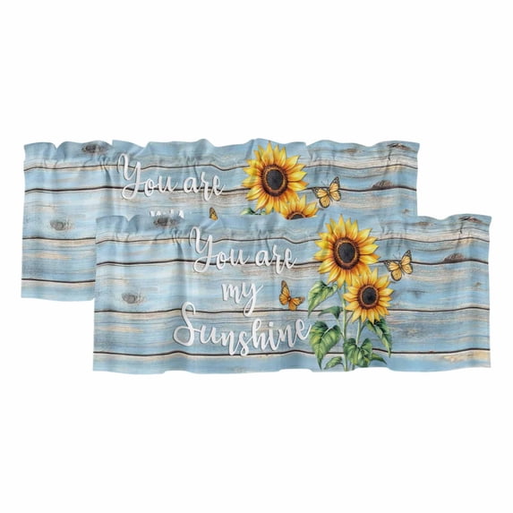 Yellow Sunflower Valances for Windows, Decorative Rod Pocket Window Valance Curtains, Butterfly Sunshine Blue Farmhouse Wood Short Curtain Drapes for Kitchen/Living Room, 2 Panels, 42" W x 12" L