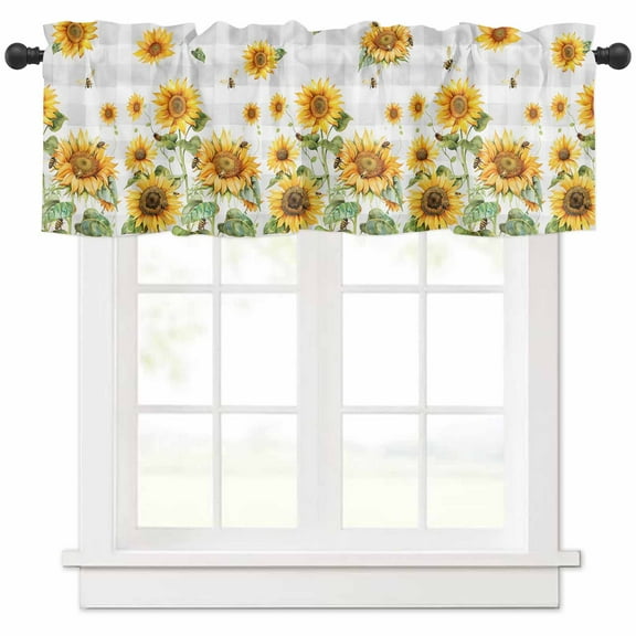 Yellow Sunflower Valances for Windows Farmhouse Kitchen Curtains Valances Rod Pocket Valance Curtains for Kitchen Windows Grey Plaid Country Bee Farmhouse Floral Window Valances for Bathroom 60"x18"