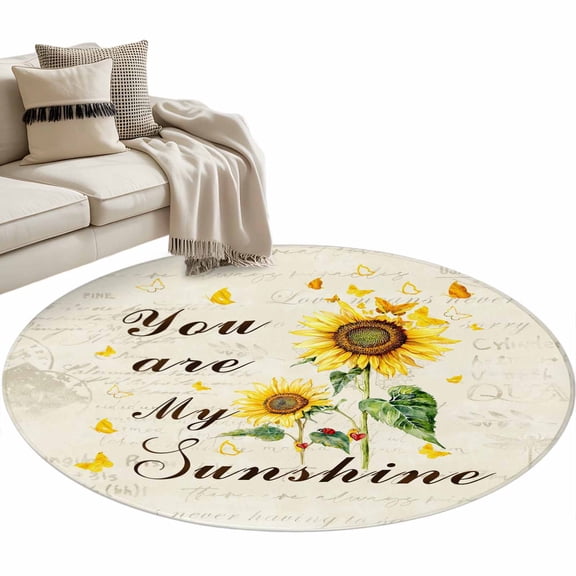 Yellow Sunflower Washable Round Area Rug 4 ft, You Are My Sunshine Butterflies Letter Background, Soft Non Slip Rugs Stain Repellent Indoor Felt Carpet for Living Dining Room Bedroom Home Office