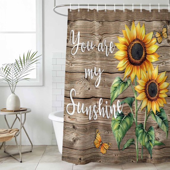 Yellow Sunflower Waterproof Fabric Shower Curtain,Butterfly Sunshine Brown Farmhouse Wood Waterproof Fabric Shower Curtain for Bathroom Curtains Bathtubs Shower Curtains with 12 Hooks Long 72x78in