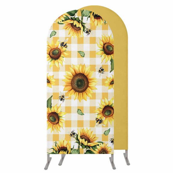Yellow Sunflower Wedding Arch Cover,Stretchy Spandex Arch Backdrop Stand Covers 4 FT,Vintage Country Bee Plaid Ginger Check Round Top Arched Backdrop Cover for Birthday Party Ceremony Baby Shower